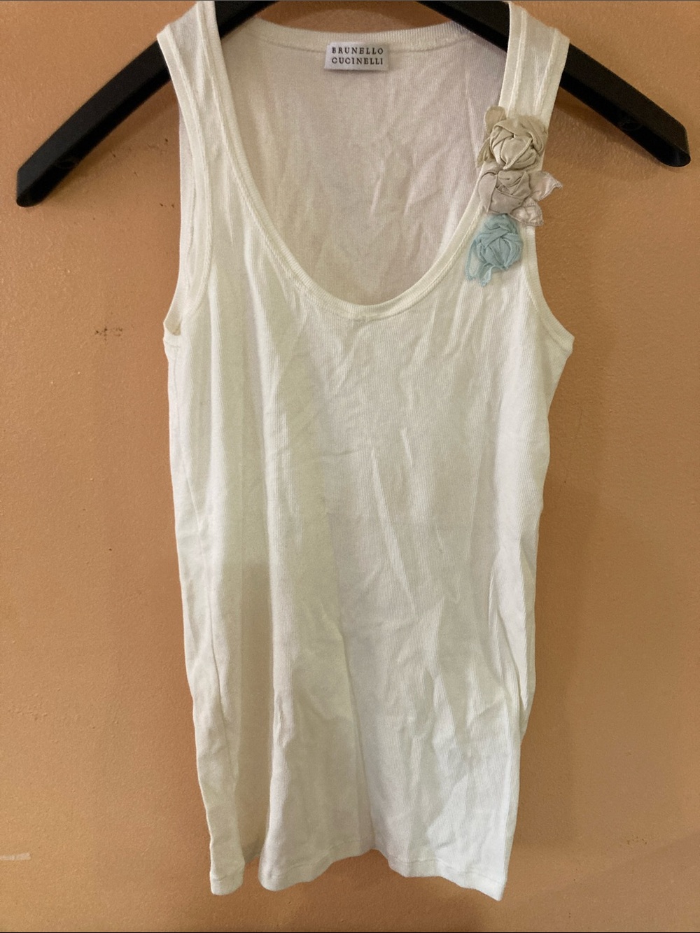 Brunello Cucinelli White Tank with Floral Shoulder Detail